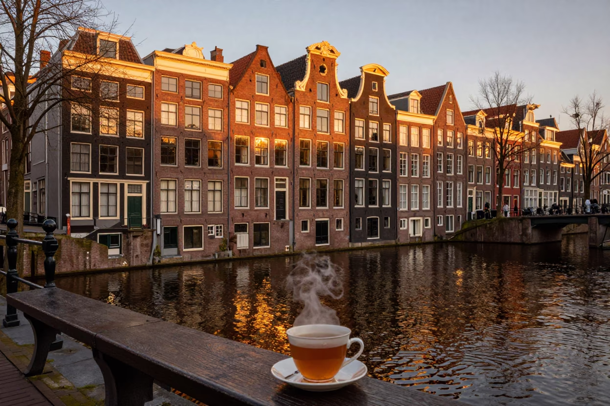 Amsterdam Canal Evening Light with Steaming Genmaicha Tea and Brick Architecture in in Amsterdam, Netherlands