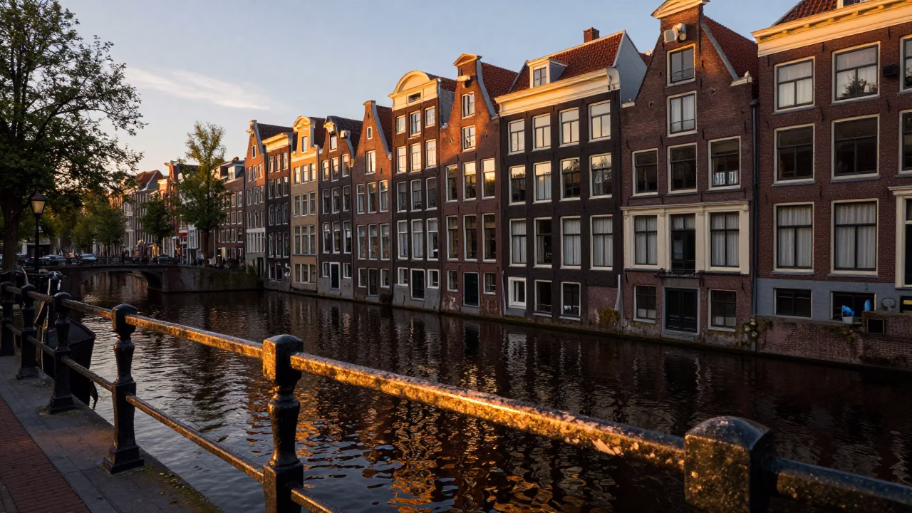 Amsterdam Canal Evening Light with Wicker Shadow on Rail and Wet Flagstones in in Amsterdam, Netherlands