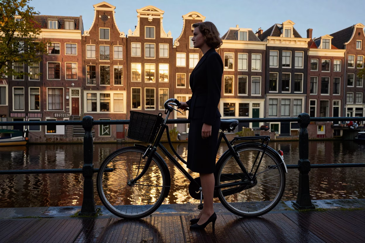 Amsterdam Canal Evening Reflections with Vintage Bicycle and Historic Brick Architecture in in Amsterdam, Netherlands