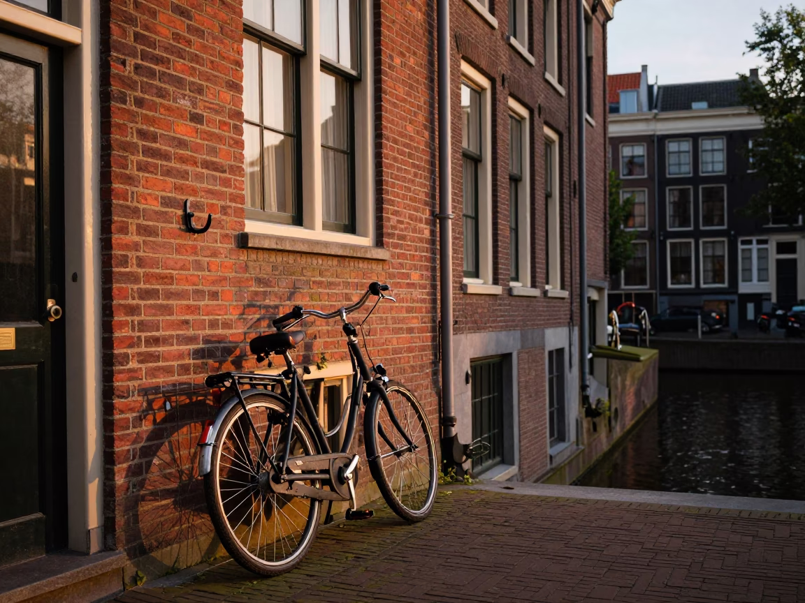 Amsterdam Canal Evening Scene with Bicycle and Brick Architecture in in Amsterdam, Netherlands