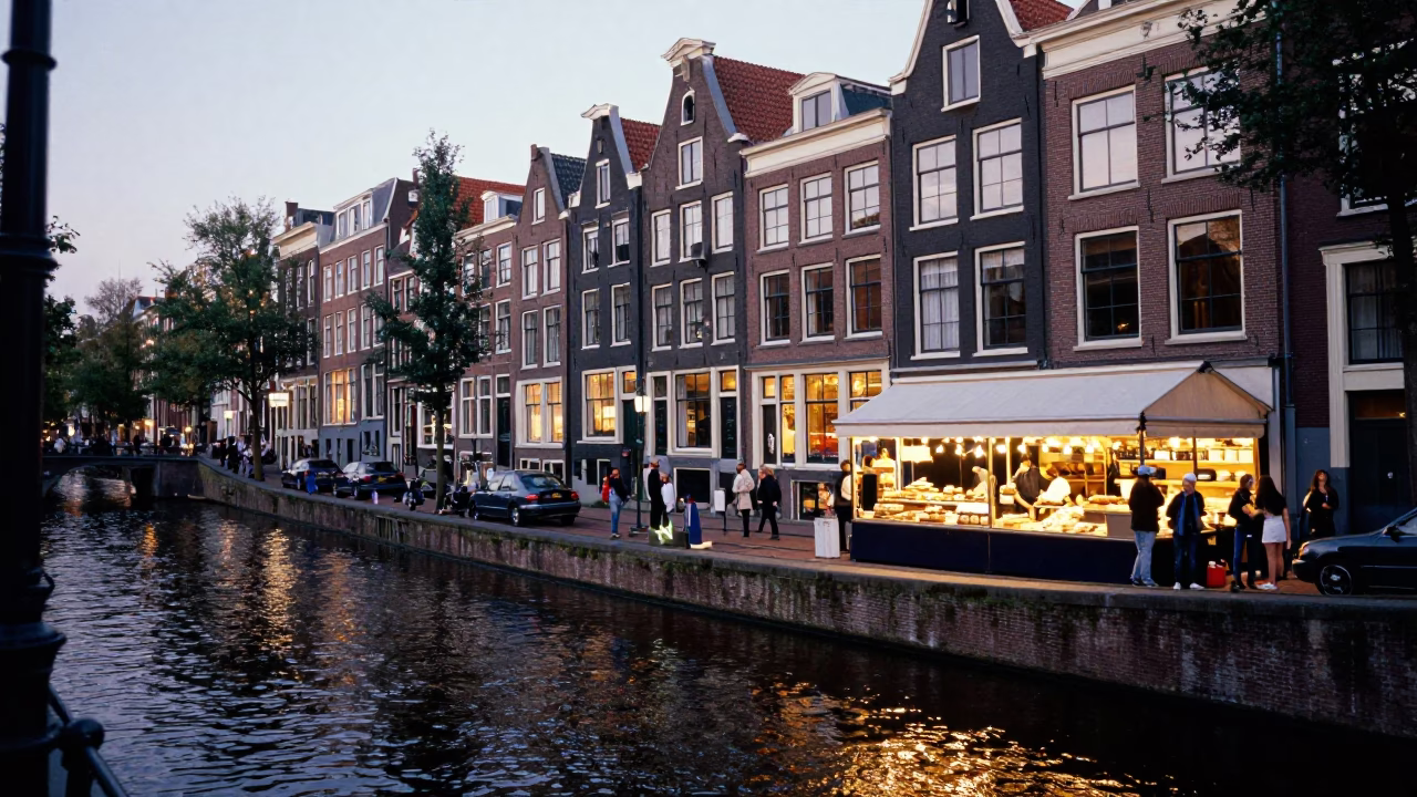 Amsterdam Canal Evening Scene with Traditional Dutch Bakery Display and Cobblestone Street in in Amsterdam, Netherlands