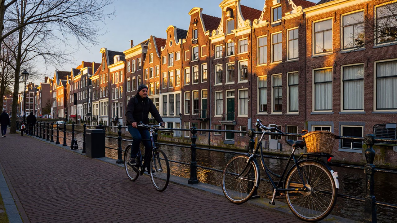 Amsterdam Canal Evening Street Scene with Bicycle and Cobblestone Path in in Amsterdam, Netherlands