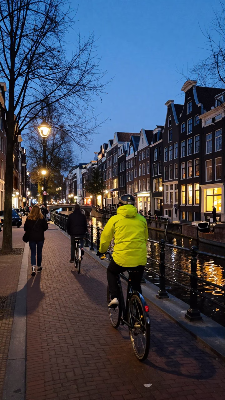 Amsterdam Canal Evening Street Scene with Cyclist and Brick Architecture in in Amsterdam, Netherlands