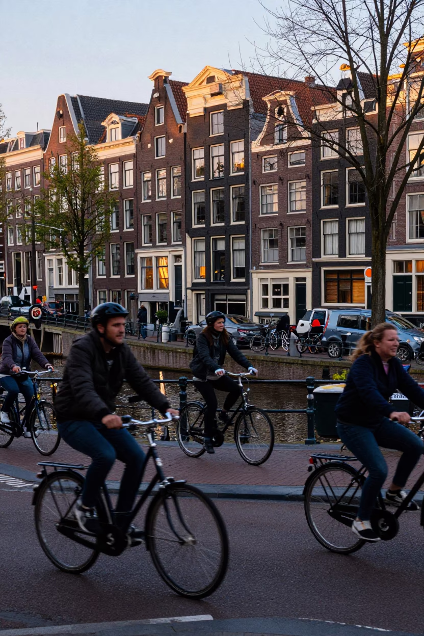 Amsterdam Canal Evening Street Scene with Cyclists and Traditional Dutch Architecture in in Amsterdam, Netherlands