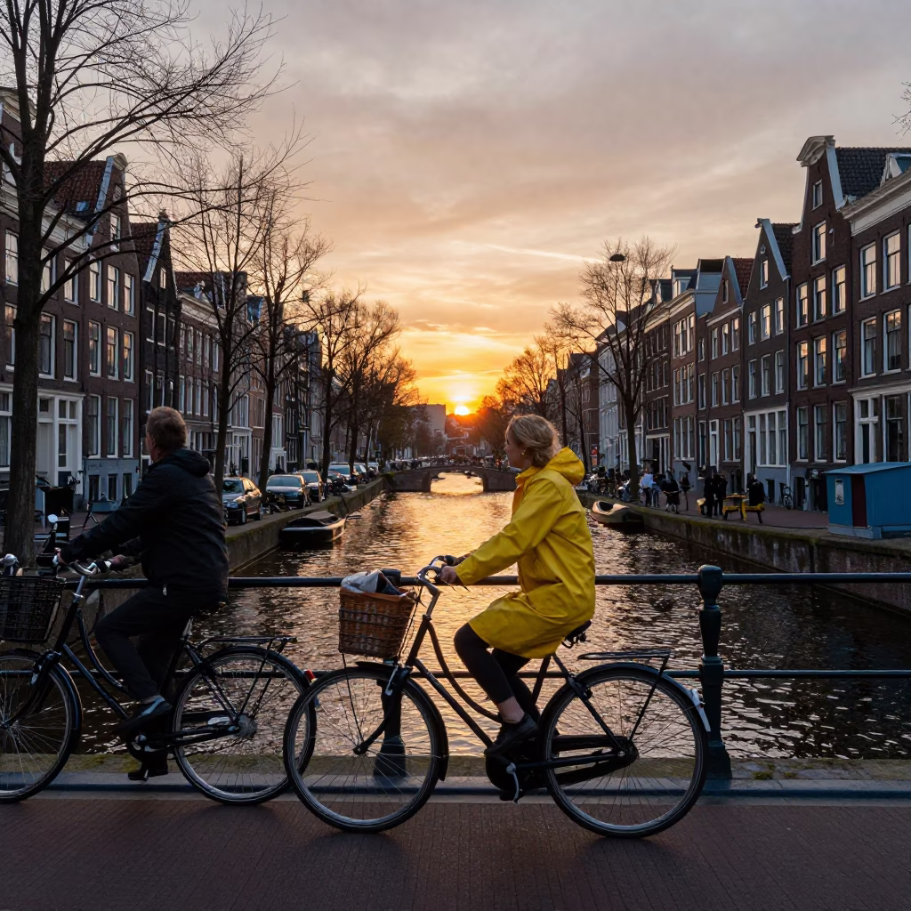 Amsterdam Canal Evening Street Scene with Vintage Dutch Cyclists and Traditional Brick Architecture in in Amsterdam, Netherlands