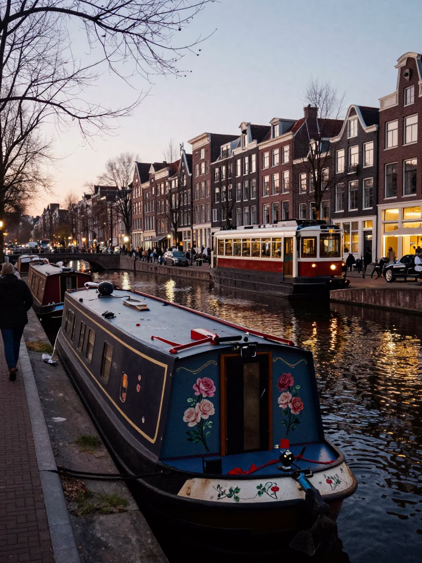 Amsterdam Canal Evening View with Narrowboat and Heritage Tram in in Amsterdam, Netherlands