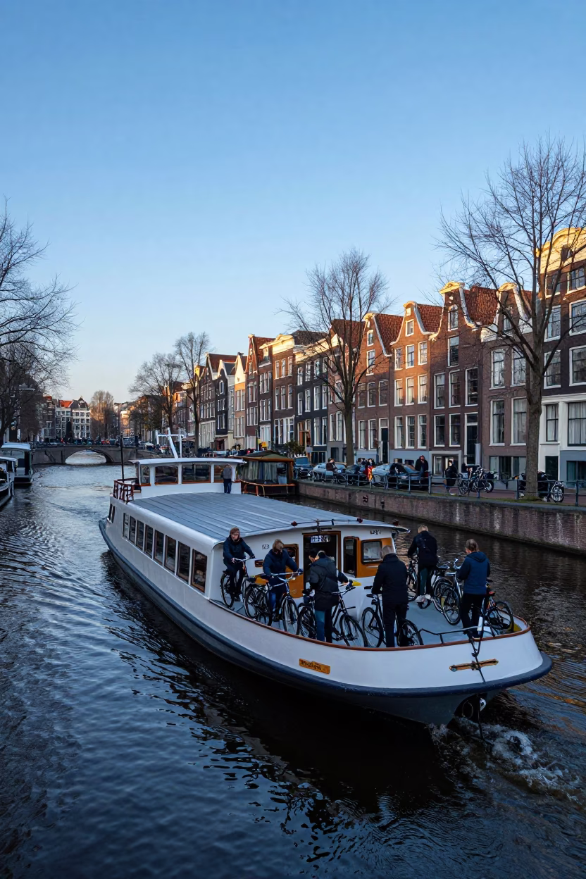 Amsterdam Canal Ferry at Nautical Dawn Loading Cyclists and Passengers in in Amsterdam, Netherlands