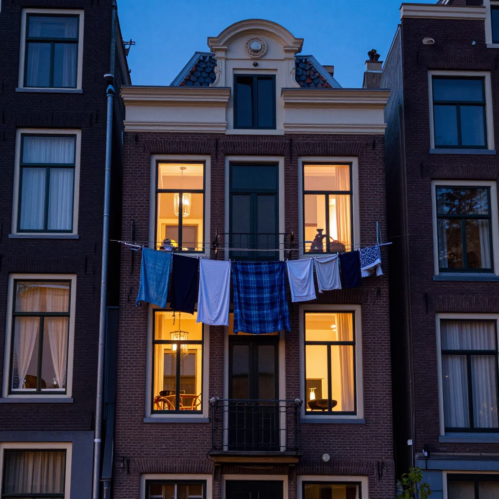Amsterdam canal house balcony with drying laundry in indigo twilight in in Amsterdam, Netherlands
