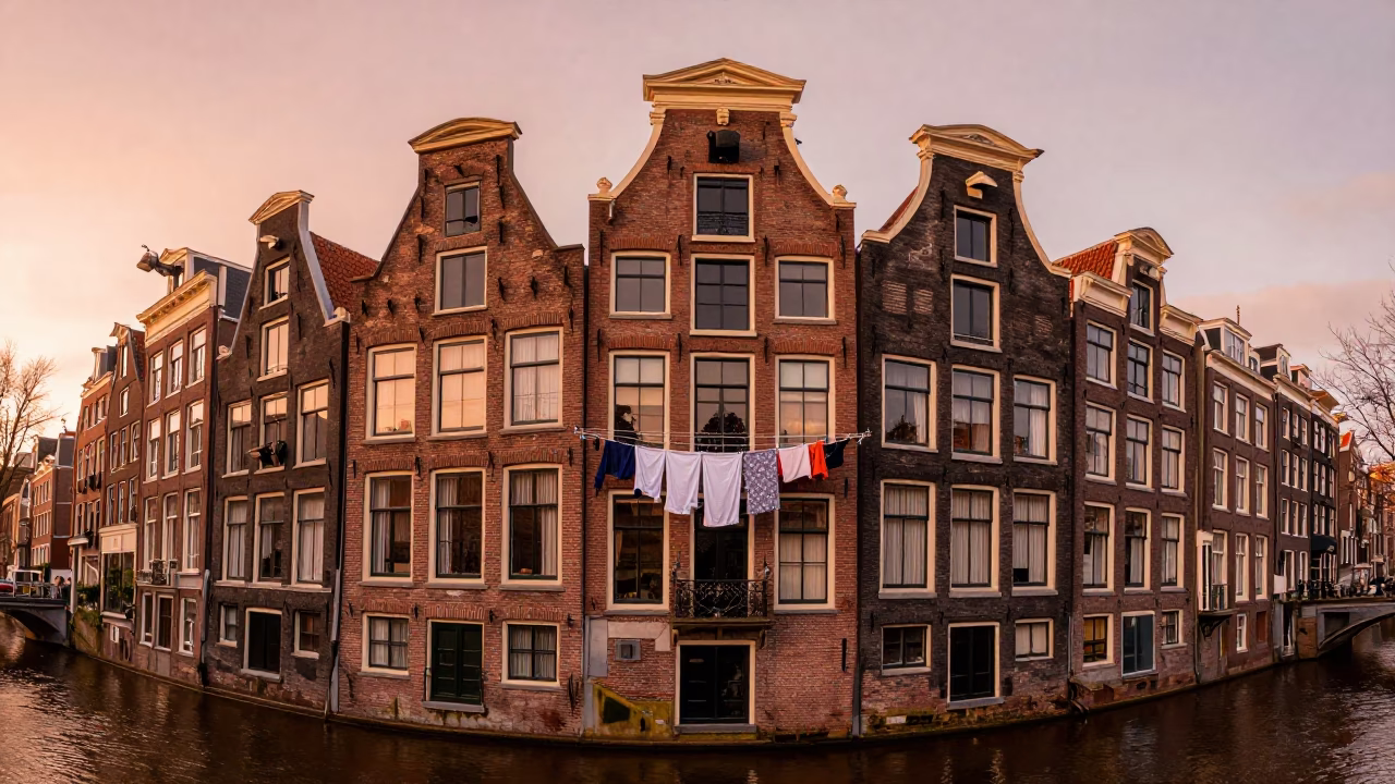 Amsterdam canal house balcony with hanging laundry and brickwork in copper dusk light in in Amsterdam, Netherlands