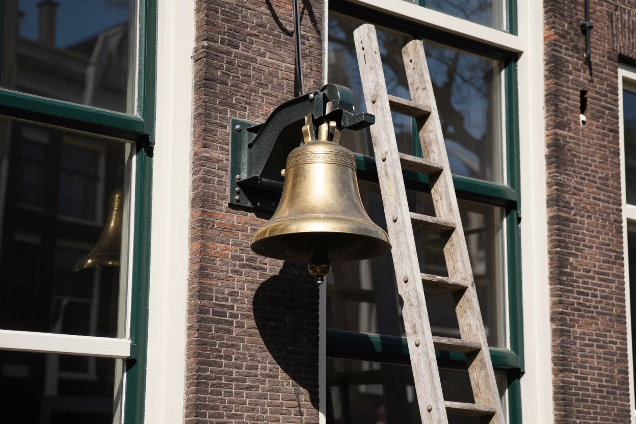 Amsterdam Canal House Bell and Wooden Ladder at Midday Sunlight Reflections in in Amsterdam, Netherlands