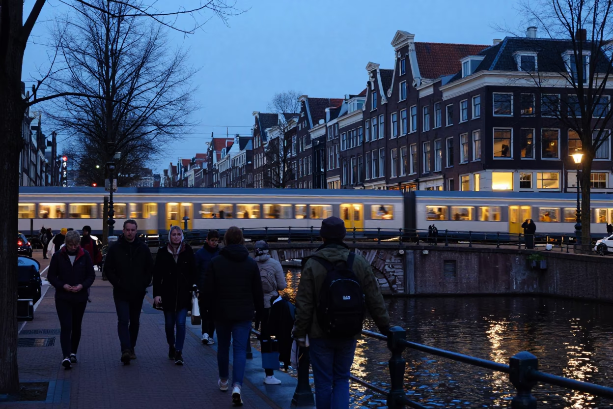 Amsterdam Canal House Blue Hour Street Scene with Commuter Train and Local Interaction in in Amsterdam, Netherlands