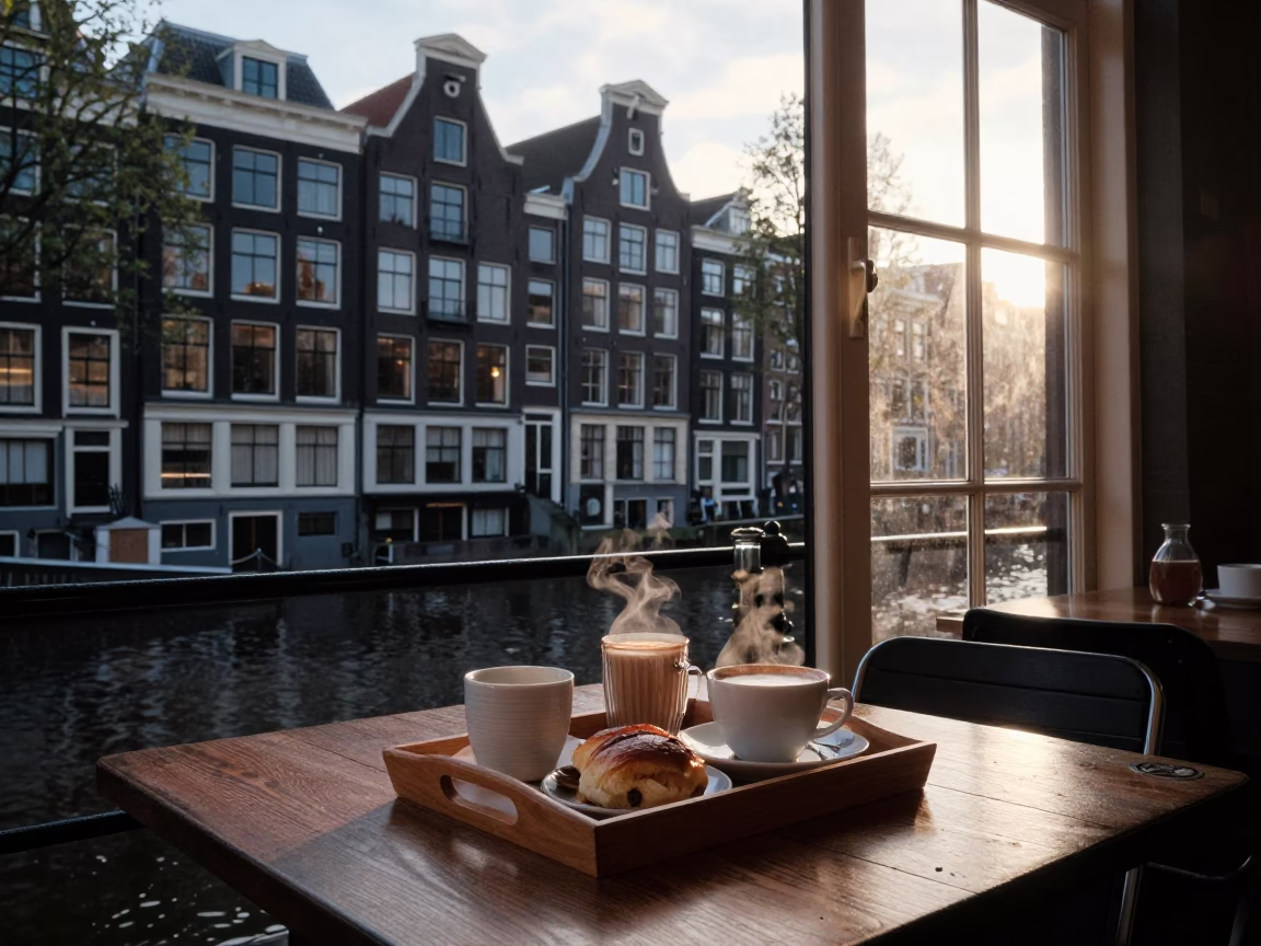 Amsterdam Canal House Breakfast Before Dawn with Wooden Tray and Glass Tumblers in in Amsterdam, Netherlands