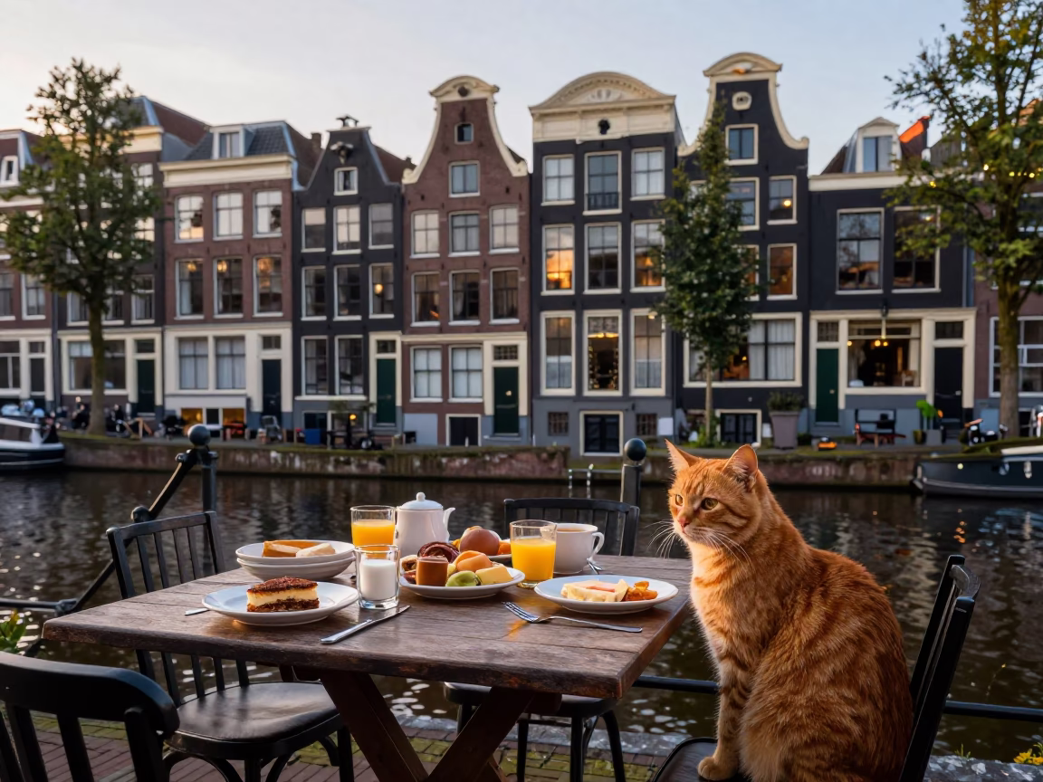 Amsterdam canal house breakfast scene with ginger cat and fruit bowl at dawn in in Amsterdam, Netherlands