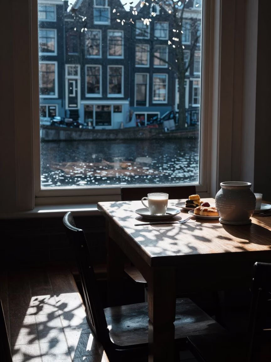 Amsterdam Canal House Breakfast with Leaf Shadows and Cobblestones in in Amsterdam, Netherlands