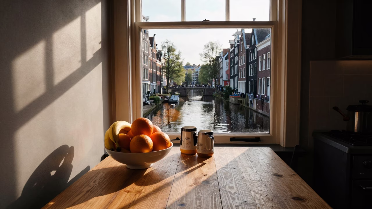 Amsterdam canal house breakfast with wicker shadow and fruit bowl at dawn in in Amsterdam, Netherlands