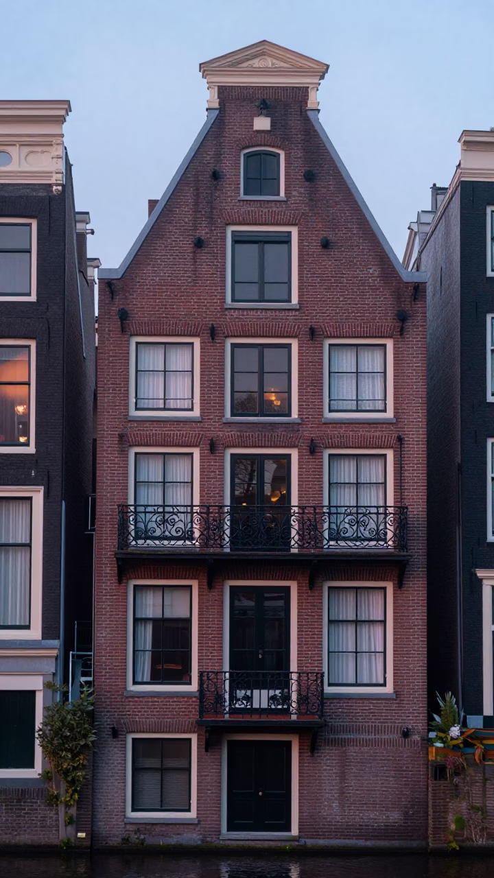 Amsterdam canal house brick facade and wrought iron balcony details in pre-dawn twilight in in Amsterdam, Netherlands