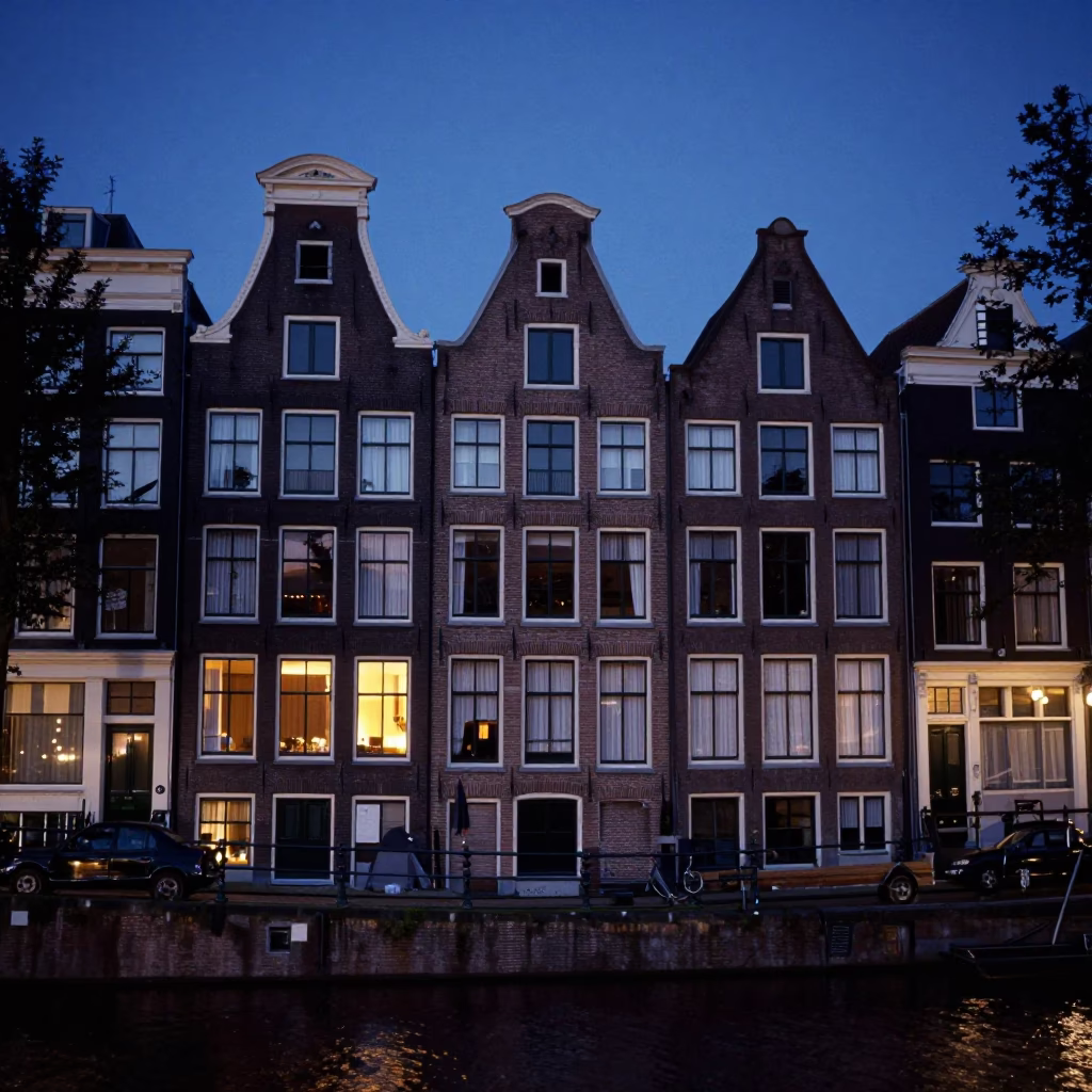 Amsterdam Canal House Brick Facade Indigo Twilight Street Scene in in Amsterdam, Netherlands