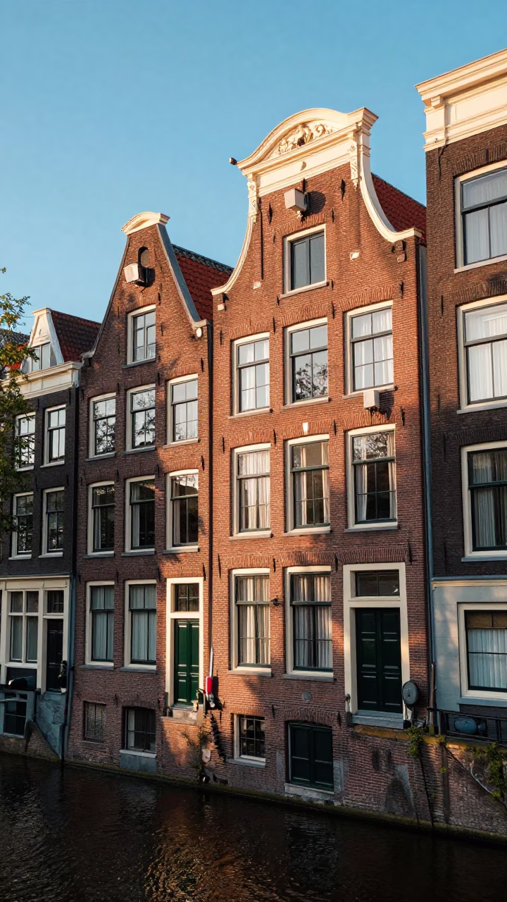 Amsterdam Canal House Brick Facade Late Afternoon Light Street Photography in in Amsterdam, Netherlands