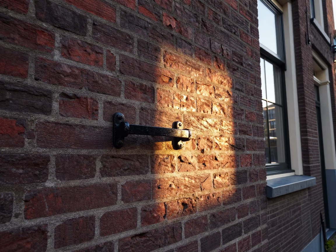 Amsterdam Canal House Brick Facade Late Afternoon Sunlight Reflection in in Amsterdam, Netherlands