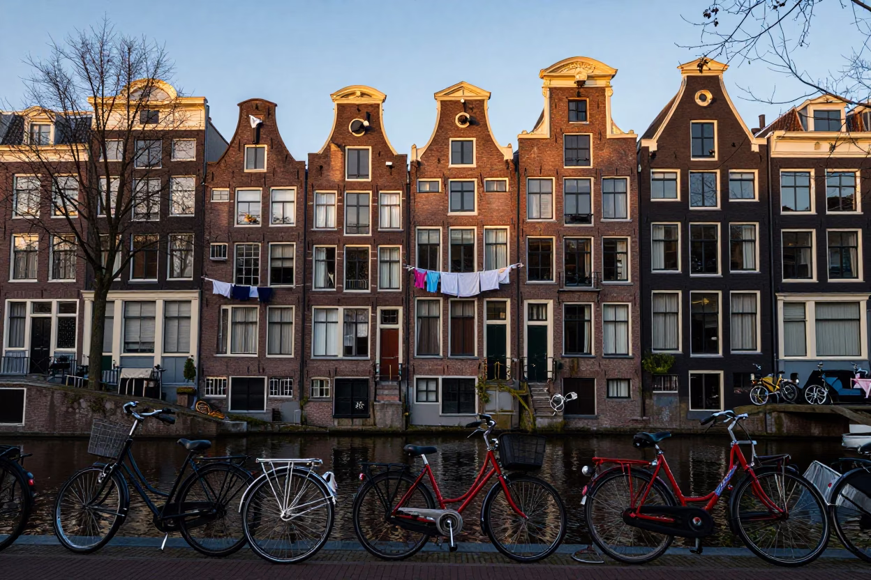 Amsterdam canal house brick facade with hanging laundry and colorful bicycle at dawn in in Amsterdam, Netherlands