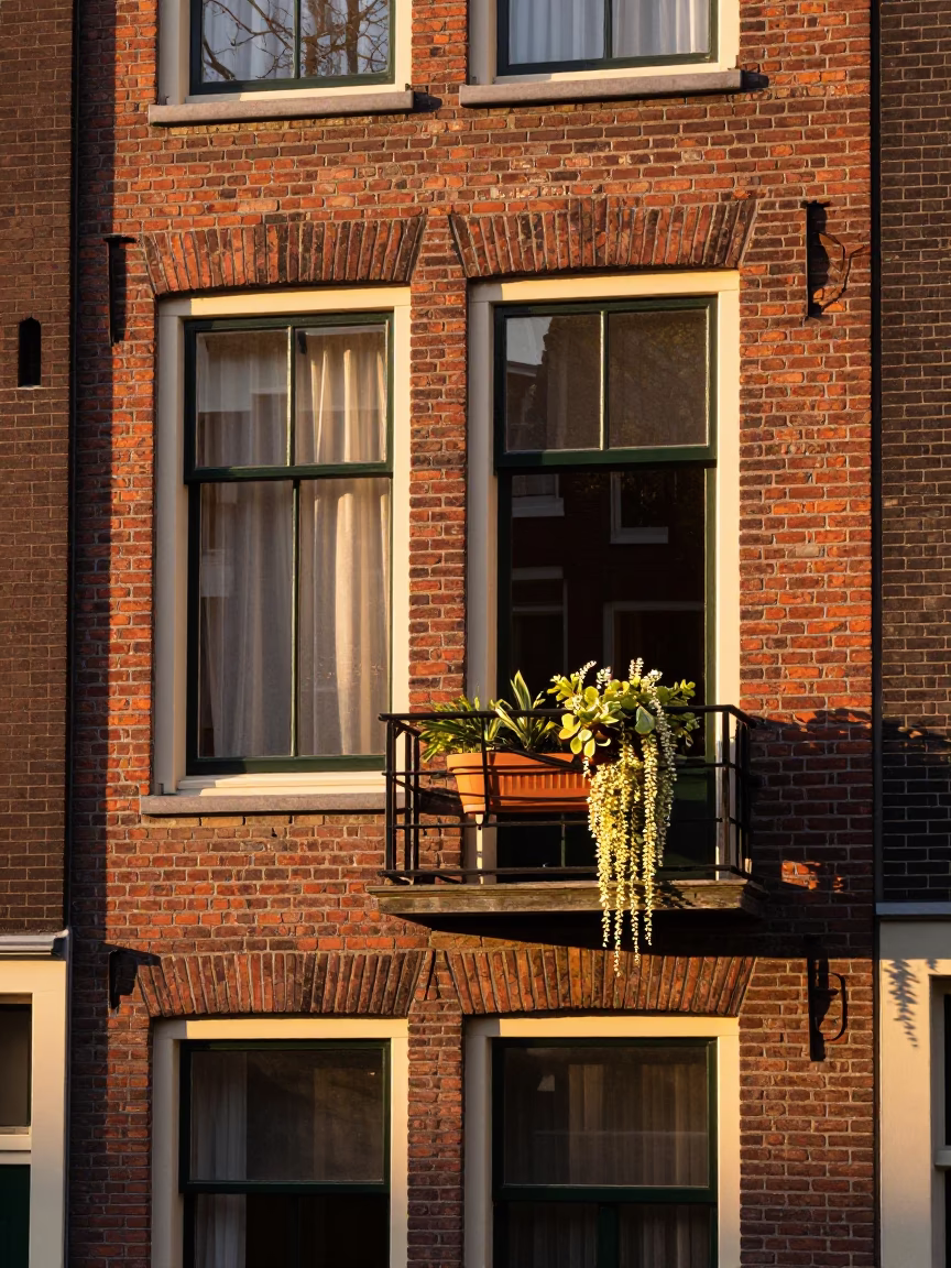 Amsterdam Canal House Brick Facade with Potted Plants and Evening Light in in Amsterdam, Netherlands
