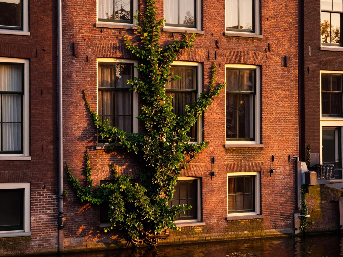 Amsterdam Canal House Brick Wall with Ivy and Evening Light in Netherlands in in Amsterdam, Netherlands
