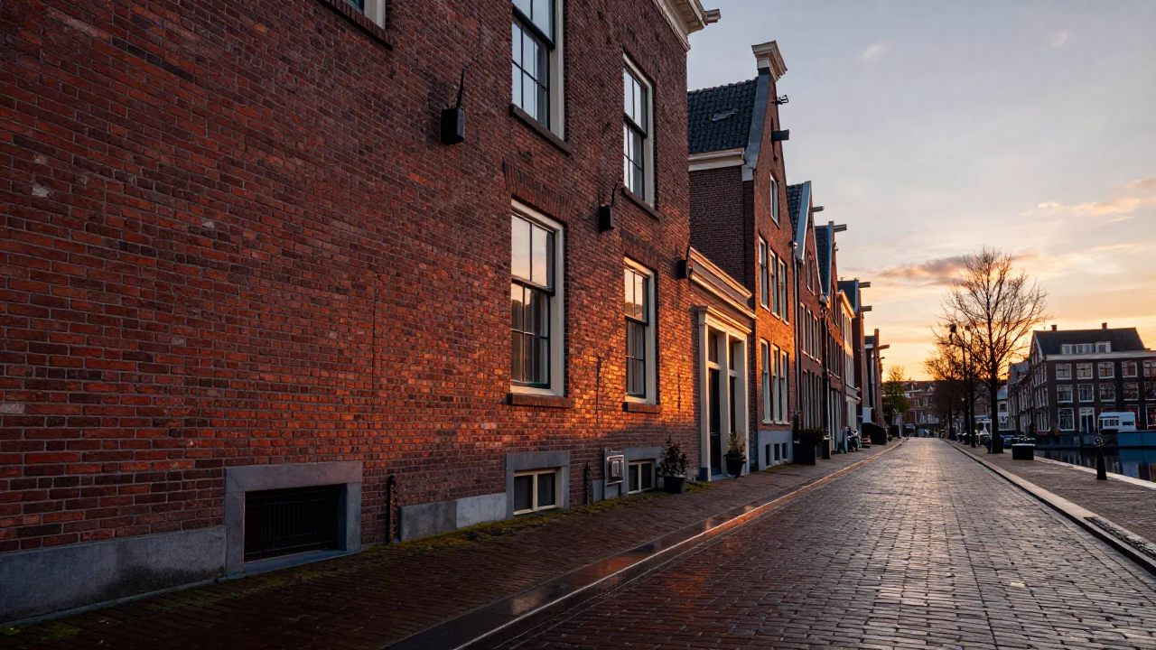 Amsterdam Canal House Brickwork and Cobblestone Street at Dusk in Netherlands in in Amsterdam, Netherlands