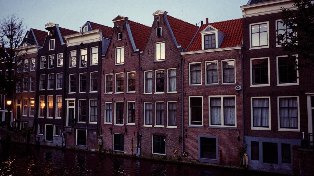 Amsterdam Canal House Brickwork and Cobblestones in Predawn Darkness in in Amsterdam, Netherlands
