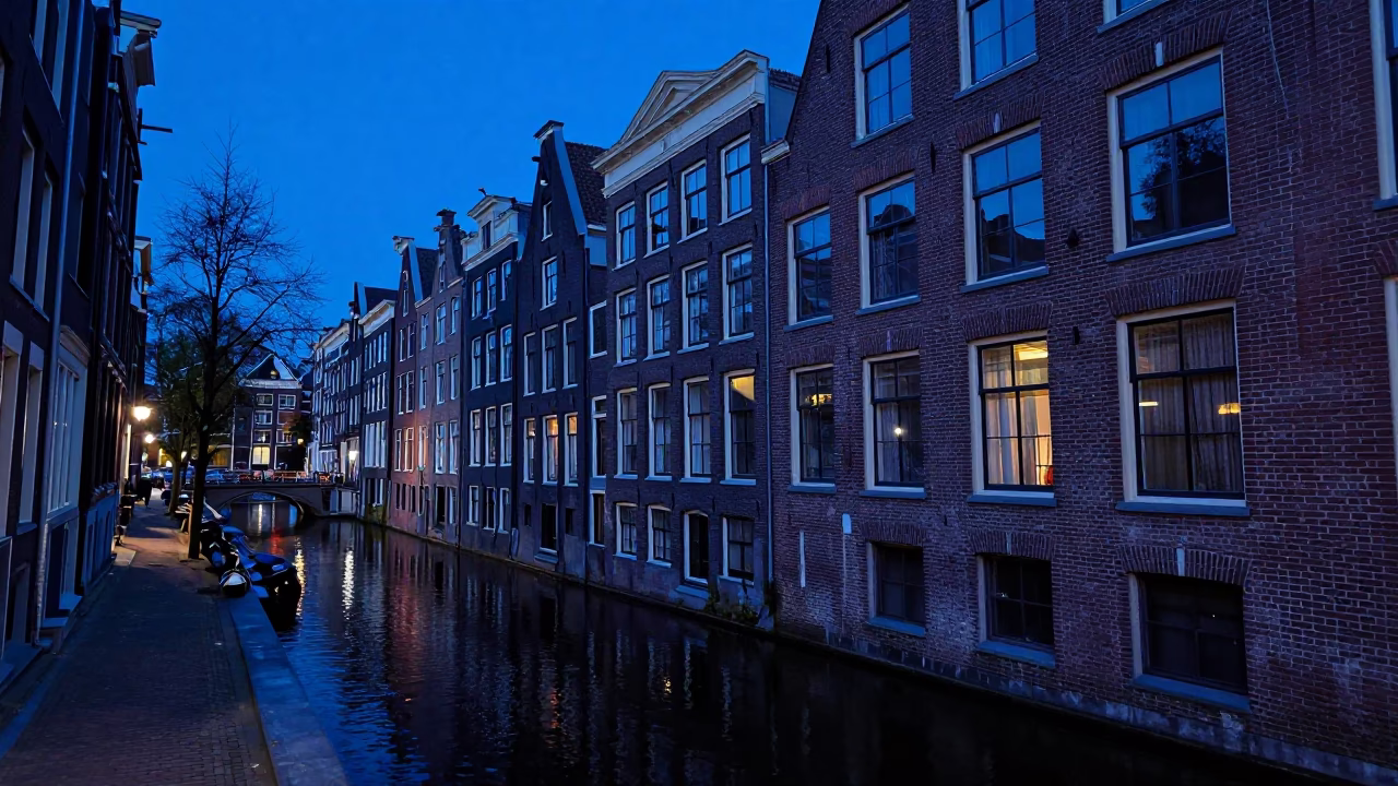 Amsterdam Canal House Brickwork and Cobblestones Under Indigo Twilight After Sunset in in Amsterdam, Netherlands