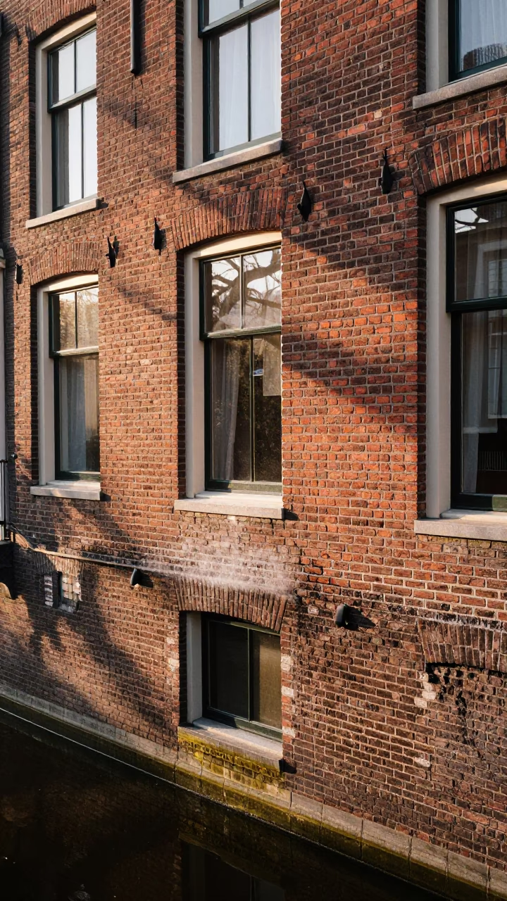 Amsterdam Canal House Brickwork and Condensation at Sunrise in the Netherlands in in Amsterdam, Netherlands