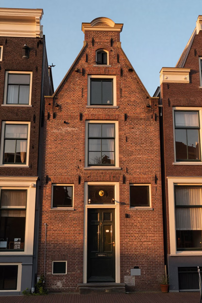 Amsterdam Canal House Brickwork and Evening Light Street Scene in in Amsterdam, Netherlands