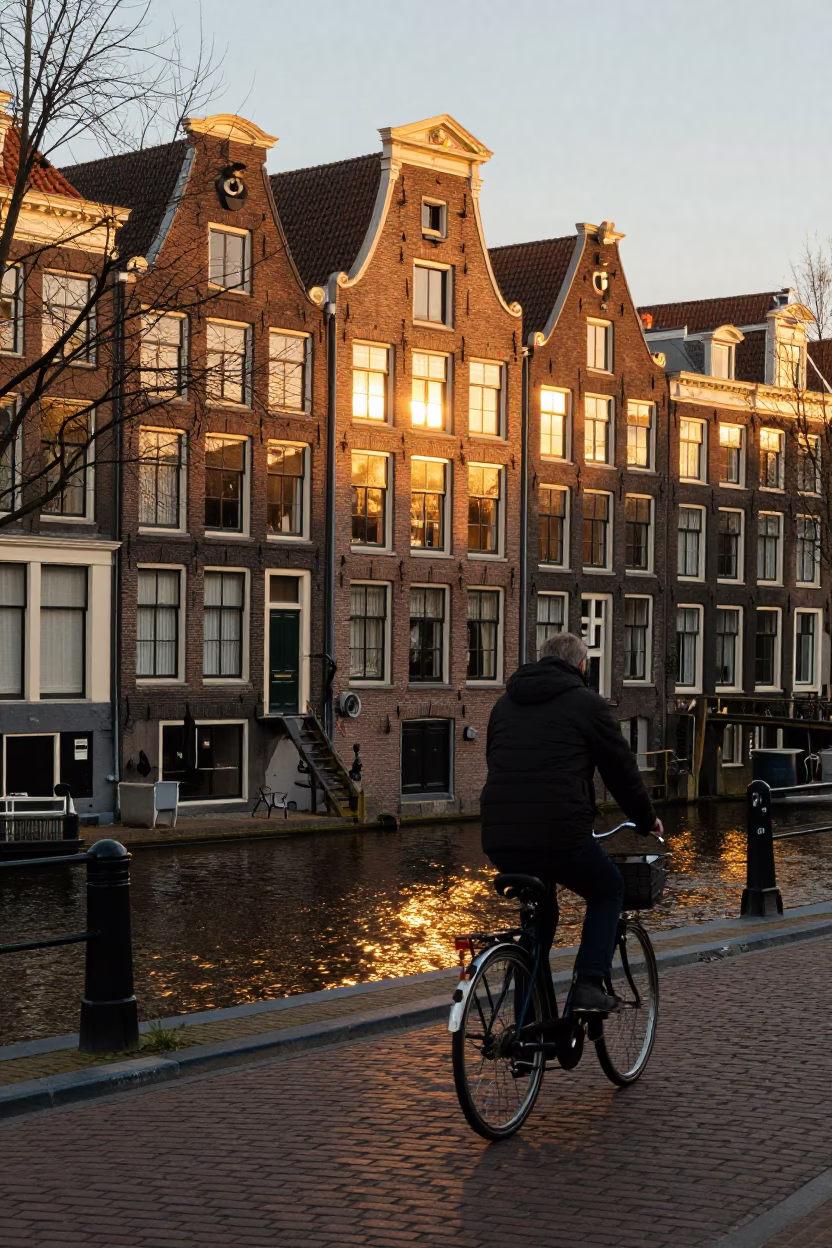 Amsterdam Canal House Brickwork and Golden Hour Street Life in the Netherlands in in Amsterdam, Netherlands