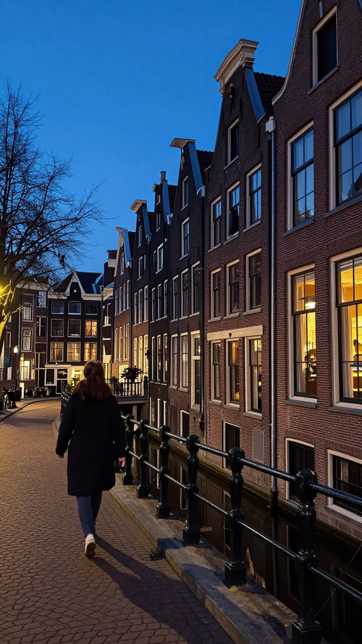 Amsterdam Canal House Brickwork and Iron Railings at Twilight with Pedestrians Passing in in Amsterdam, Netherlands