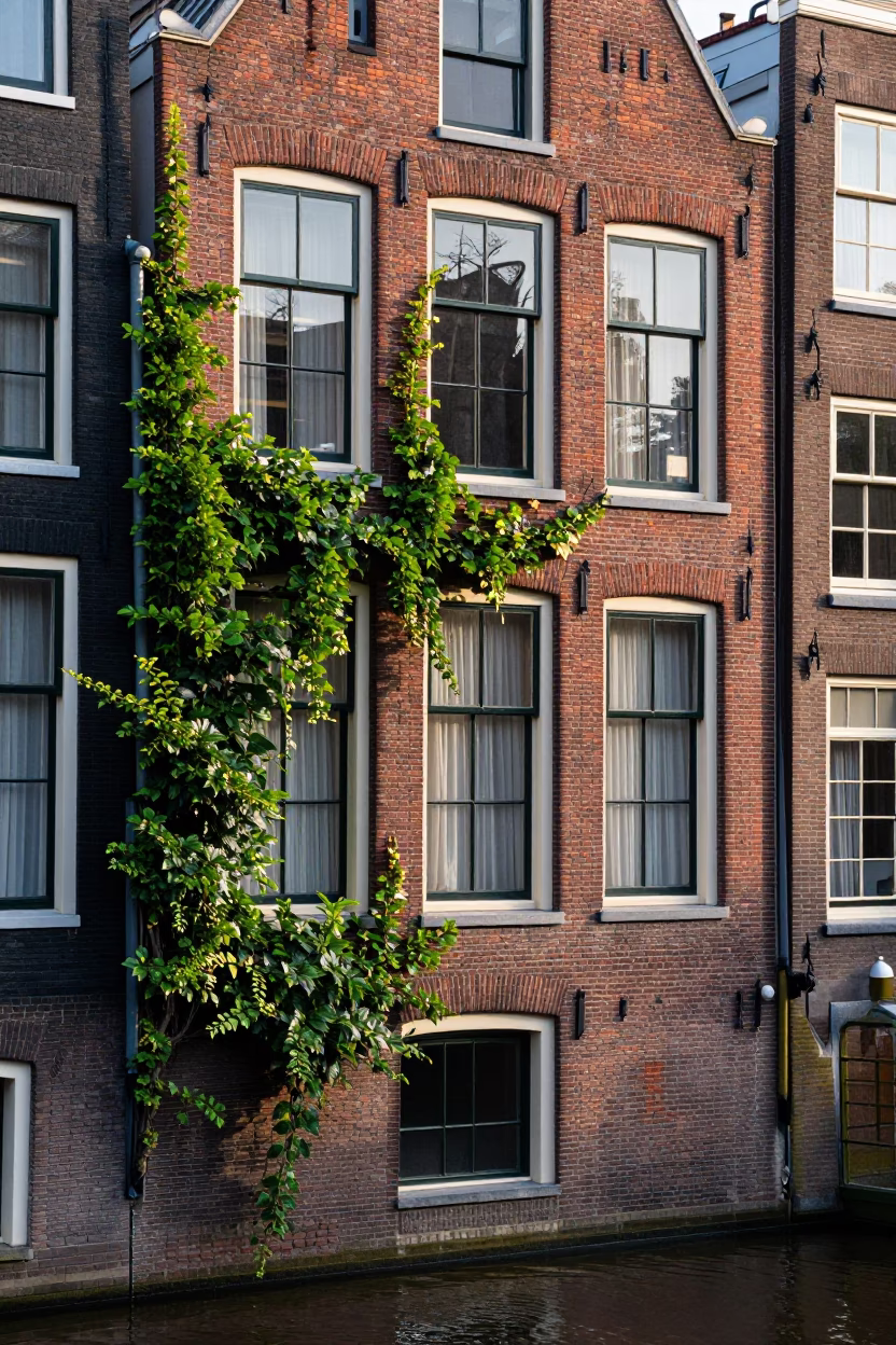Amsterdam Canal House Brickwork and Ivy Vines in Early Morning Light in in Amsterdam, Netherlands