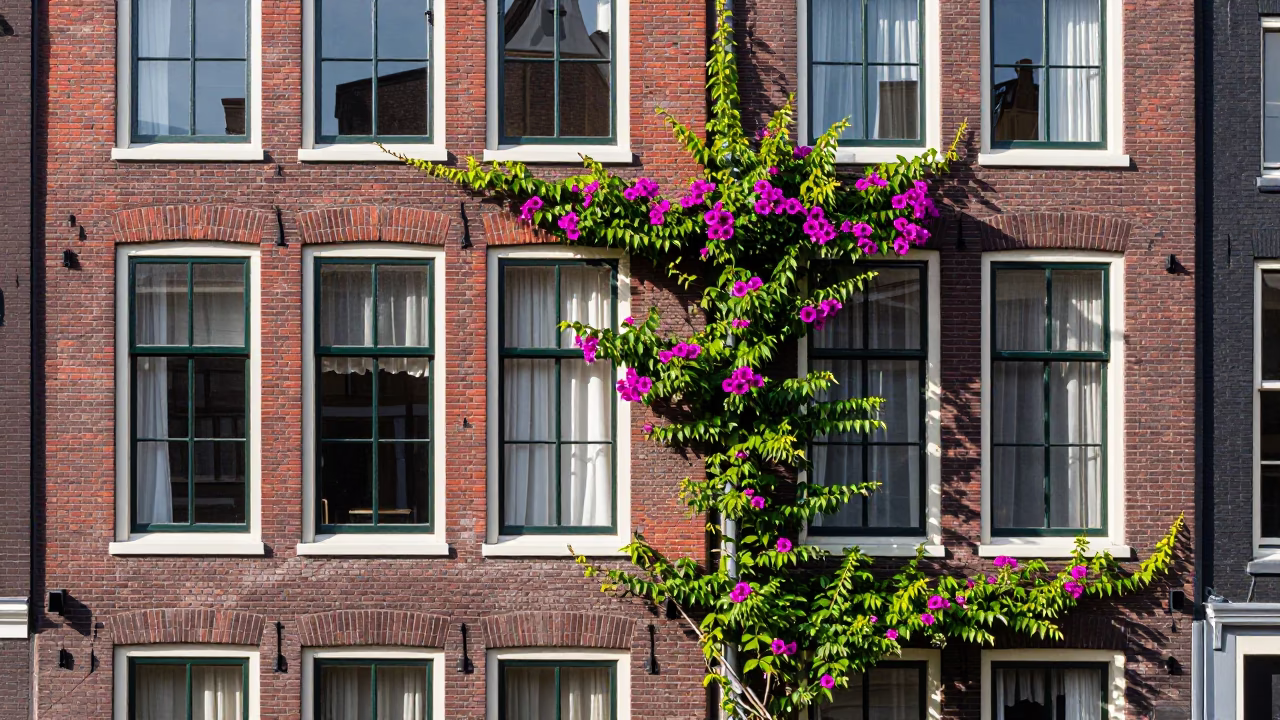 Amsterdam Canal House Brickwork and Morning Glory Vine in Bright Midmorning Light in in Amsterdam, Netherlands