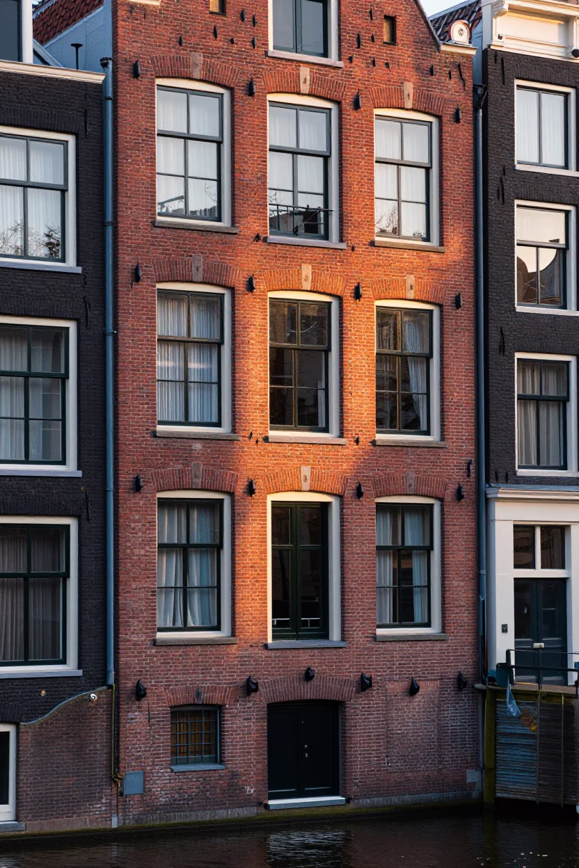 Amsterdam Canal House Brickwork and Morning Light in Early Morning in in Amsterdam, Netherlands