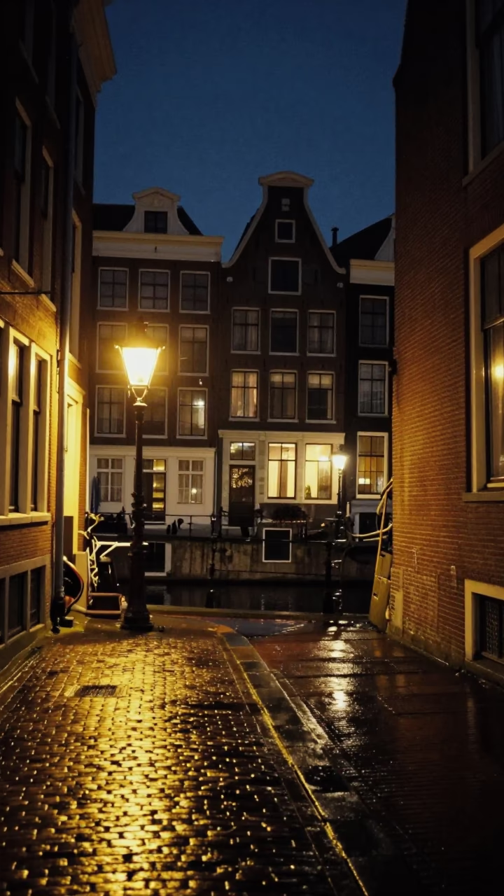 Amsterdam canal house brickwork and night street scene with vintage details in in Amsterdam, Netherlands