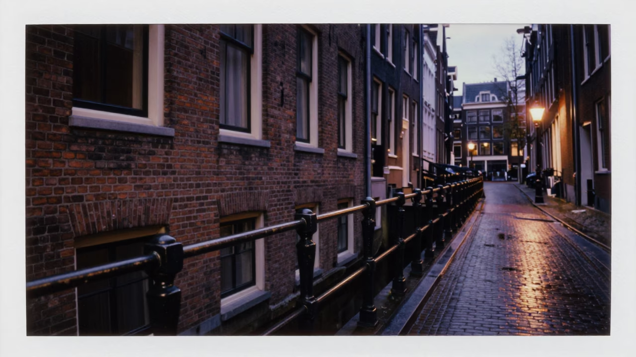 Amsterdam Canal House Brickwork and Polished Brass Rail in Predawn Darkness in in Amsterdam, Netherlands