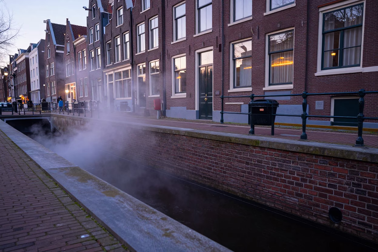 Amsterdam Canal House Brickwork and Steaming District Heating Trench in Early Evening Autumn in in Amsterdam, Netherlands