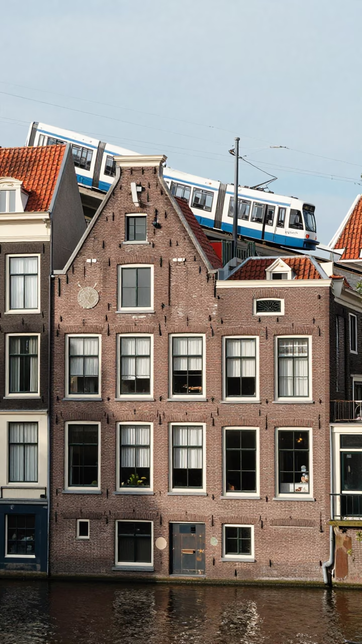 Amsterdam Canal House Brickwork and Tram Under Flat Noon Light in in Amsterdam, Netherlands