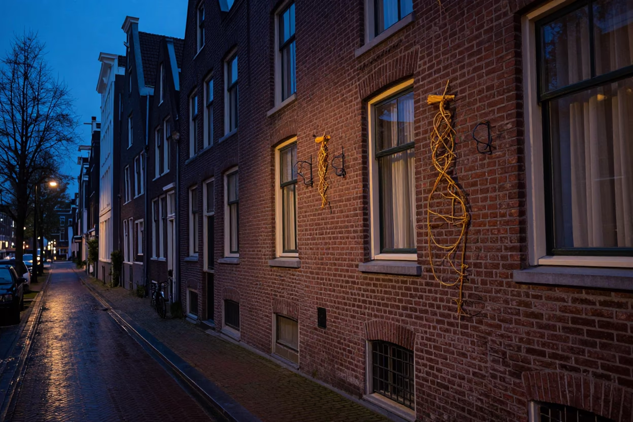Amsterdam Canal House Brickwork and Twine Fiber Detail in Predawn Darkness in in Amsterdam, Netherlands