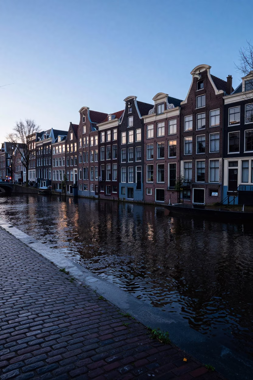 Amsterdam Canal House Brickwork and Wet Cobblestones at Dawn First Light in in Amsterdam, Netherlands