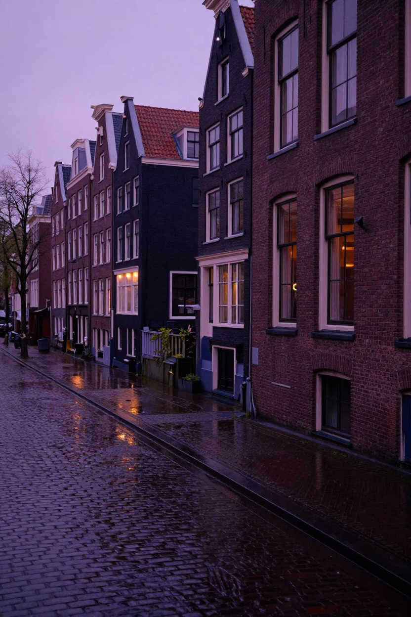 Amsterdam Canal House Brickwork and Wet Cobblestones Before Dawn in Netherlands in in Amsterdam, Netherlands