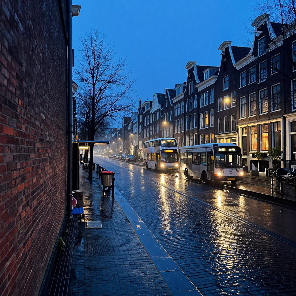 Amsterdam Canal House Brickwork and Wet Cobblestones in Indigo Twilight Rain in in Amsterdam, Netherlands