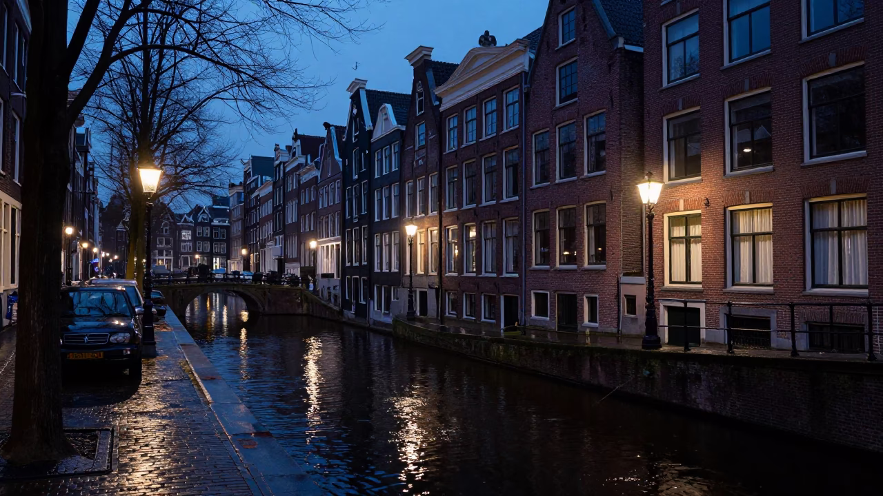 Amsterdam Canal House Brickwork and Wet Cobblestones in Predawn Darkness in in Amsterdam, Netherlands