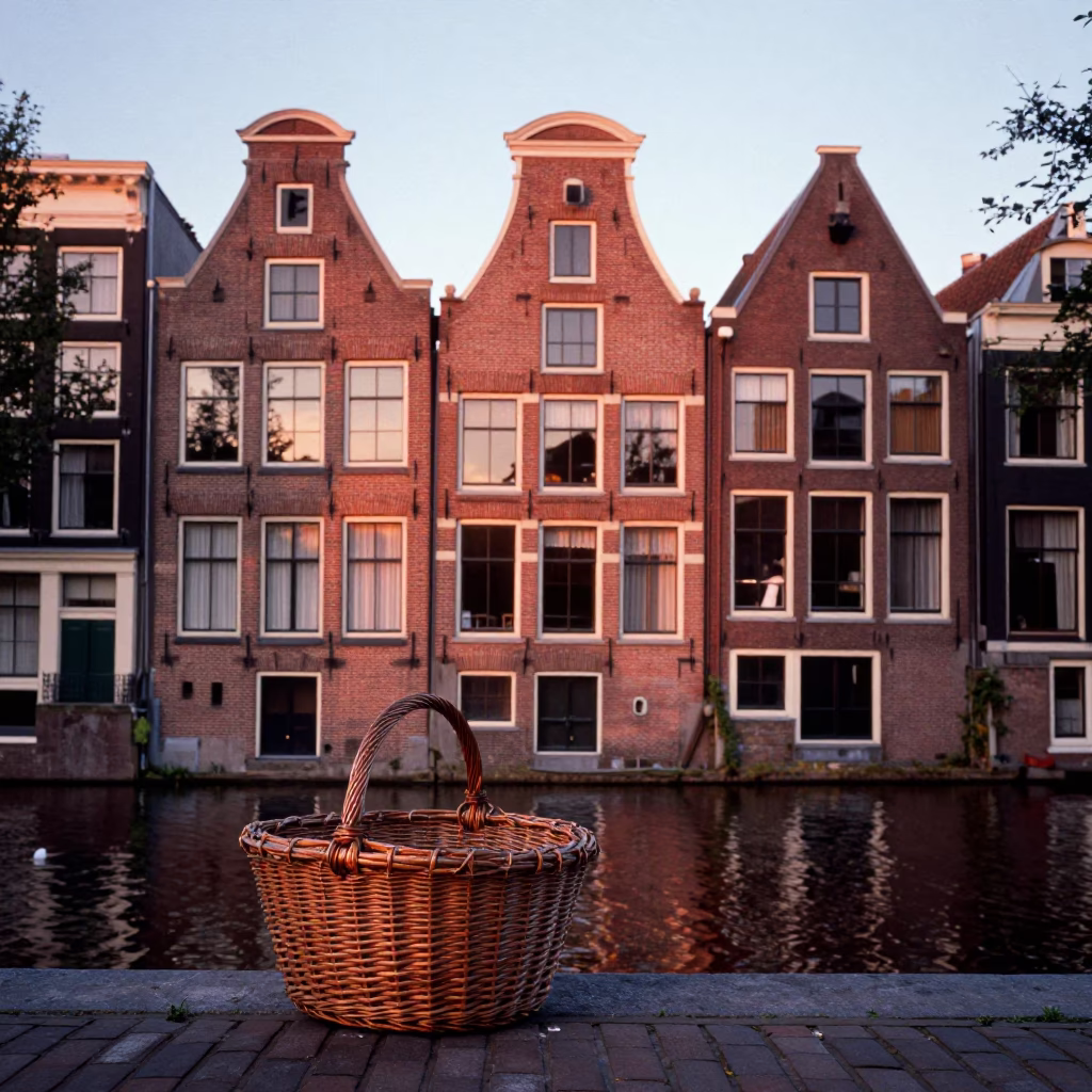 Amsterdam Canal House Brickwork and Wicker Basket in Copper Dusk Light in in Amsterdam, Netherlands
