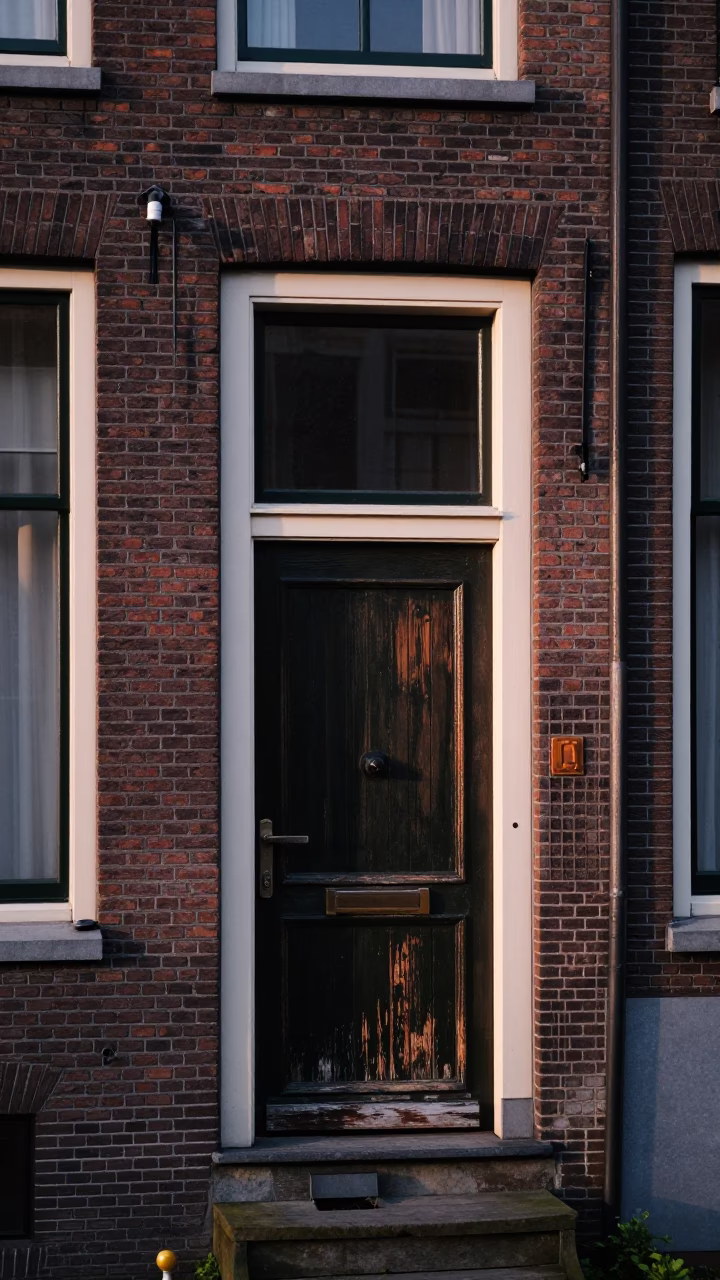 Amsterdam Canal House Brickwork and Wood Grain in Early Evening Light in in Amsterdam, Netherlands