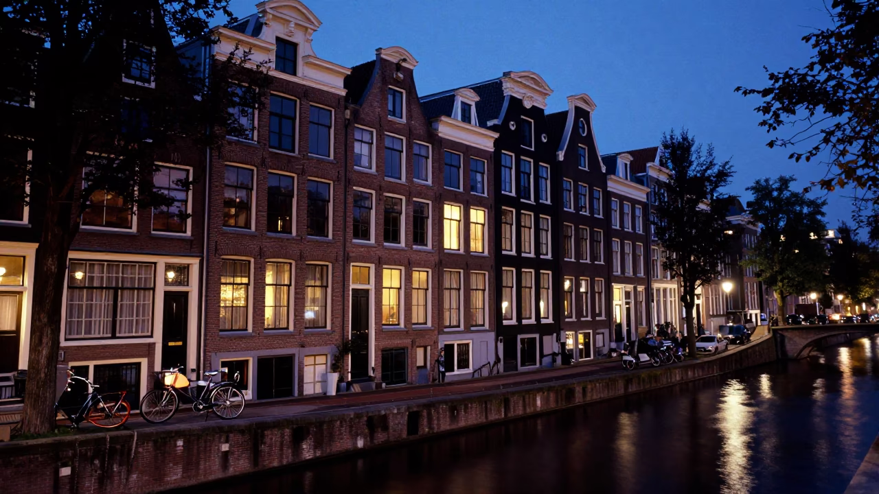 Amsterdam Canal House Brickwork in Indigo Twilight with Bicycle and Condensation in in Amsterdam, Netherlands