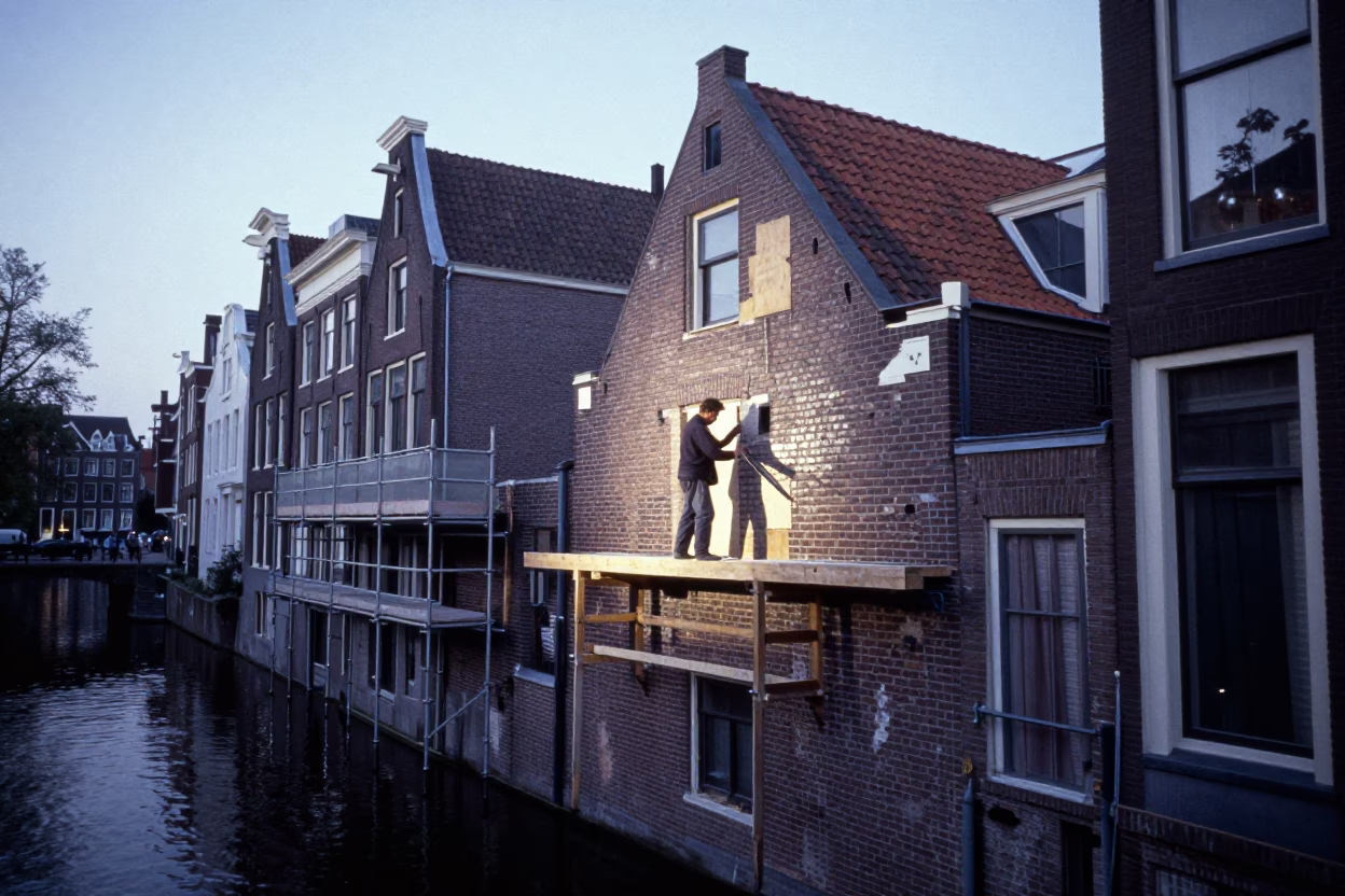 Amsterdam Canal House Brickwork Restoration at Dawn with Masons Trowel and Wet Mortar in in Amsterdam, Netherlands