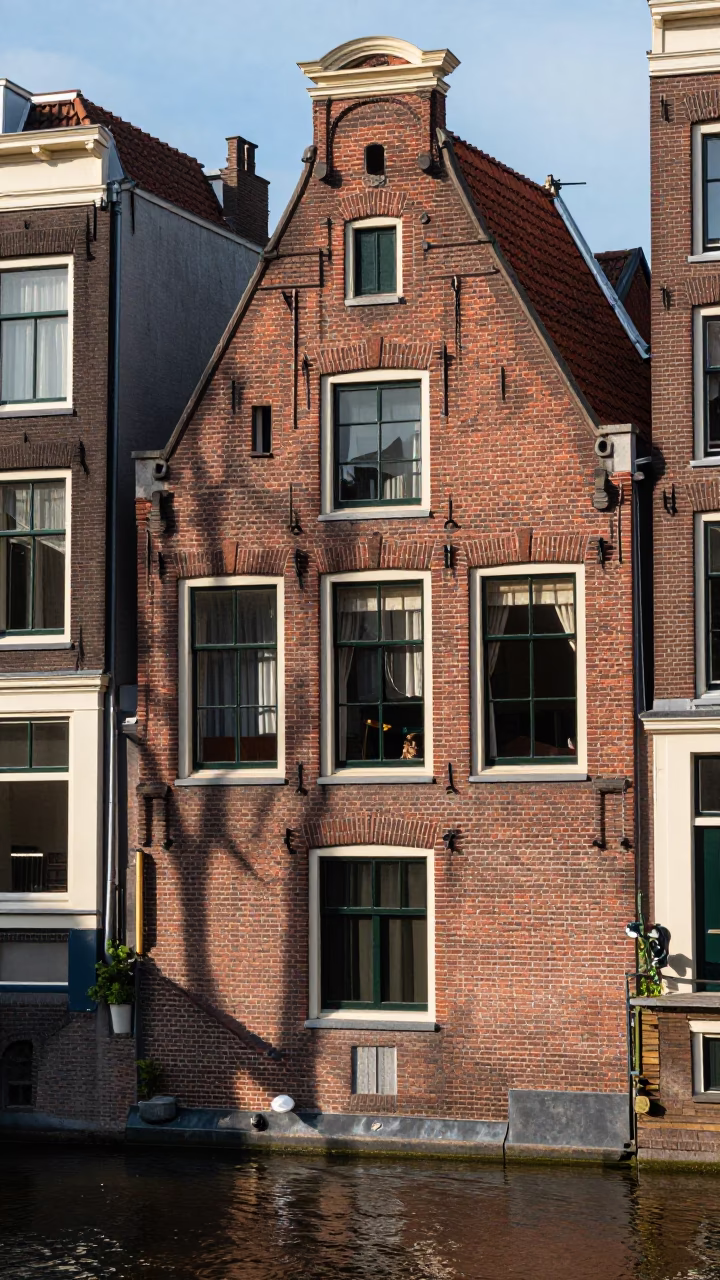 Amsterdam canal house brickwork with grease sheen sill in late afternoon light in in Amsterdam, Netherlands